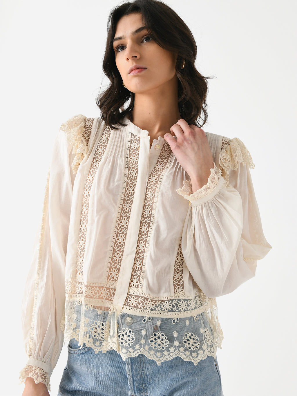 LoveShackFancy Women's Kava Cotton Ruffle Long Sleeve Blouse - Saint Bernard