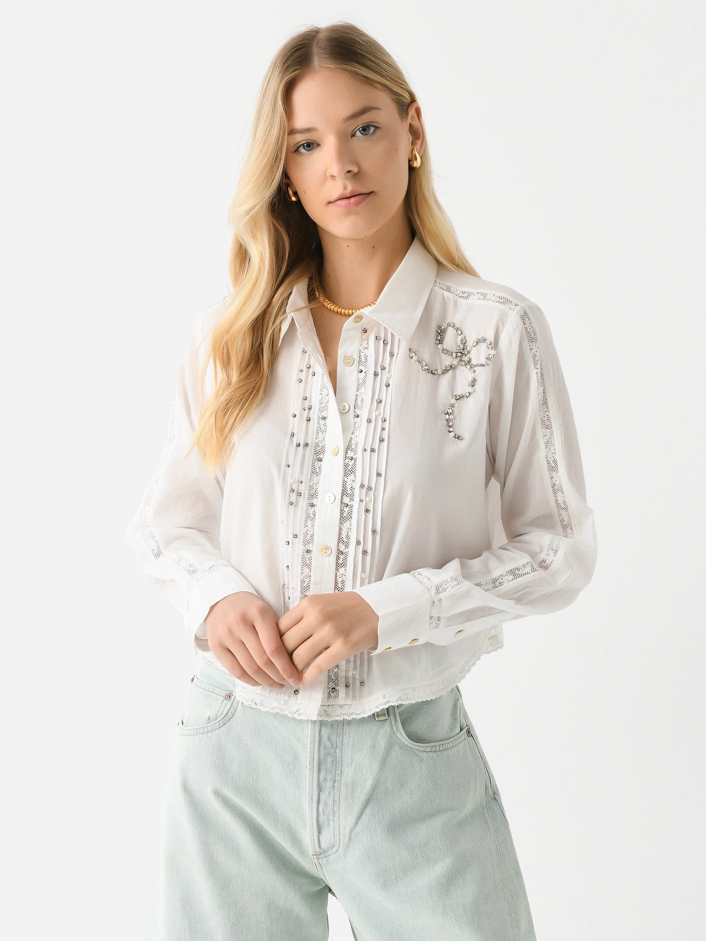 LoveShackFancy Women's Embellished Rosaway Cotton Bow Top - Saint Bernard