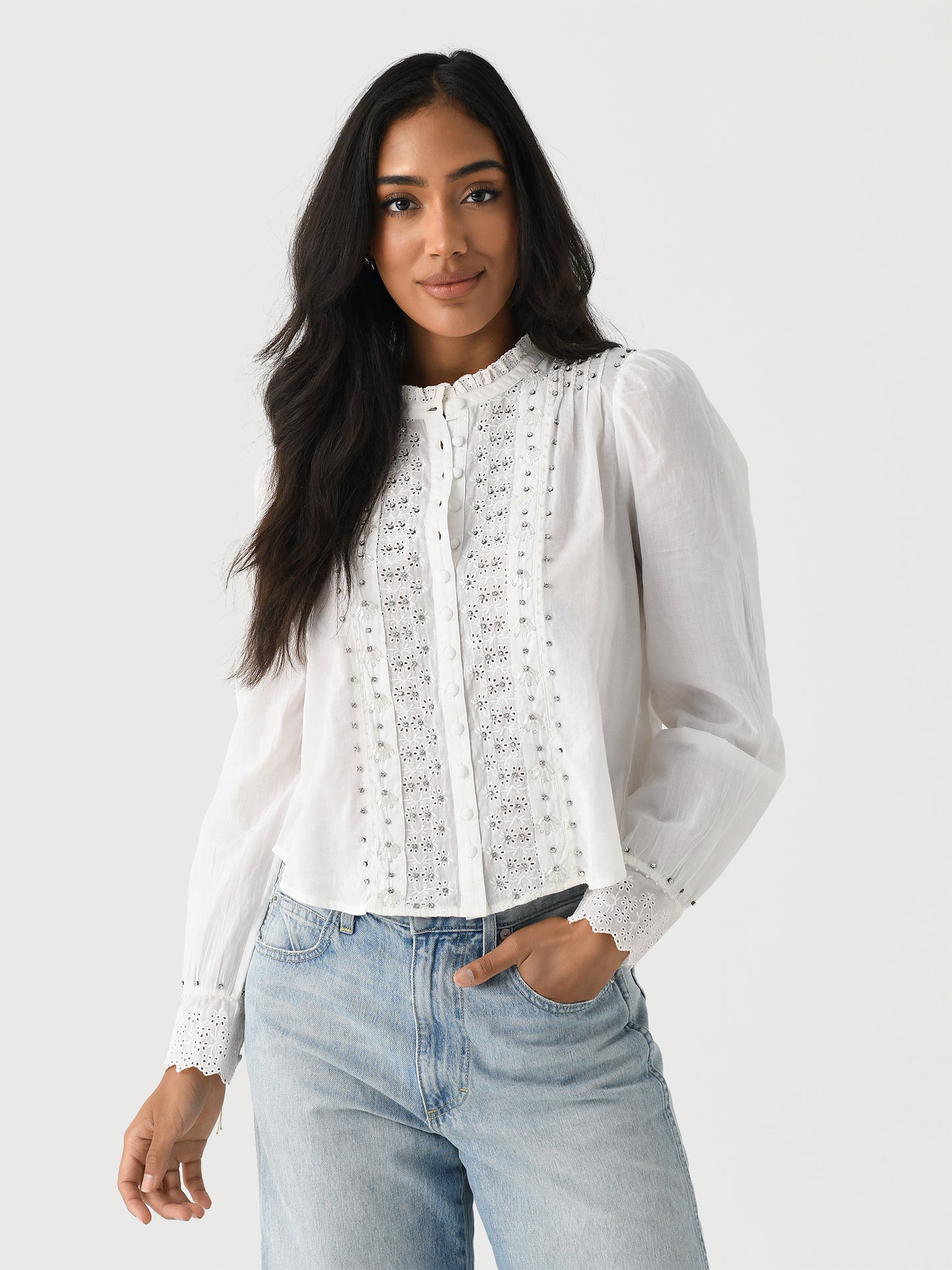 LoveShackFancy Women's Mildrene Rhinestone-Studded Blouse - Saint Bernard