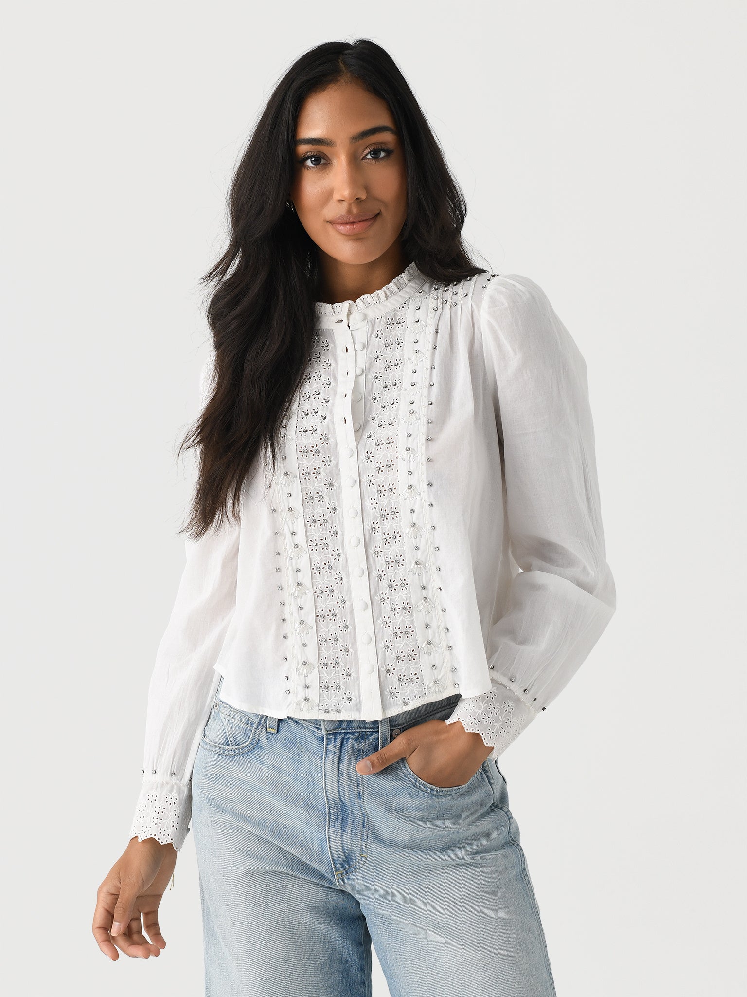 LoveShackFancy Women's Mildrene Rhinestone-Studded Blouse - Saint Bernard