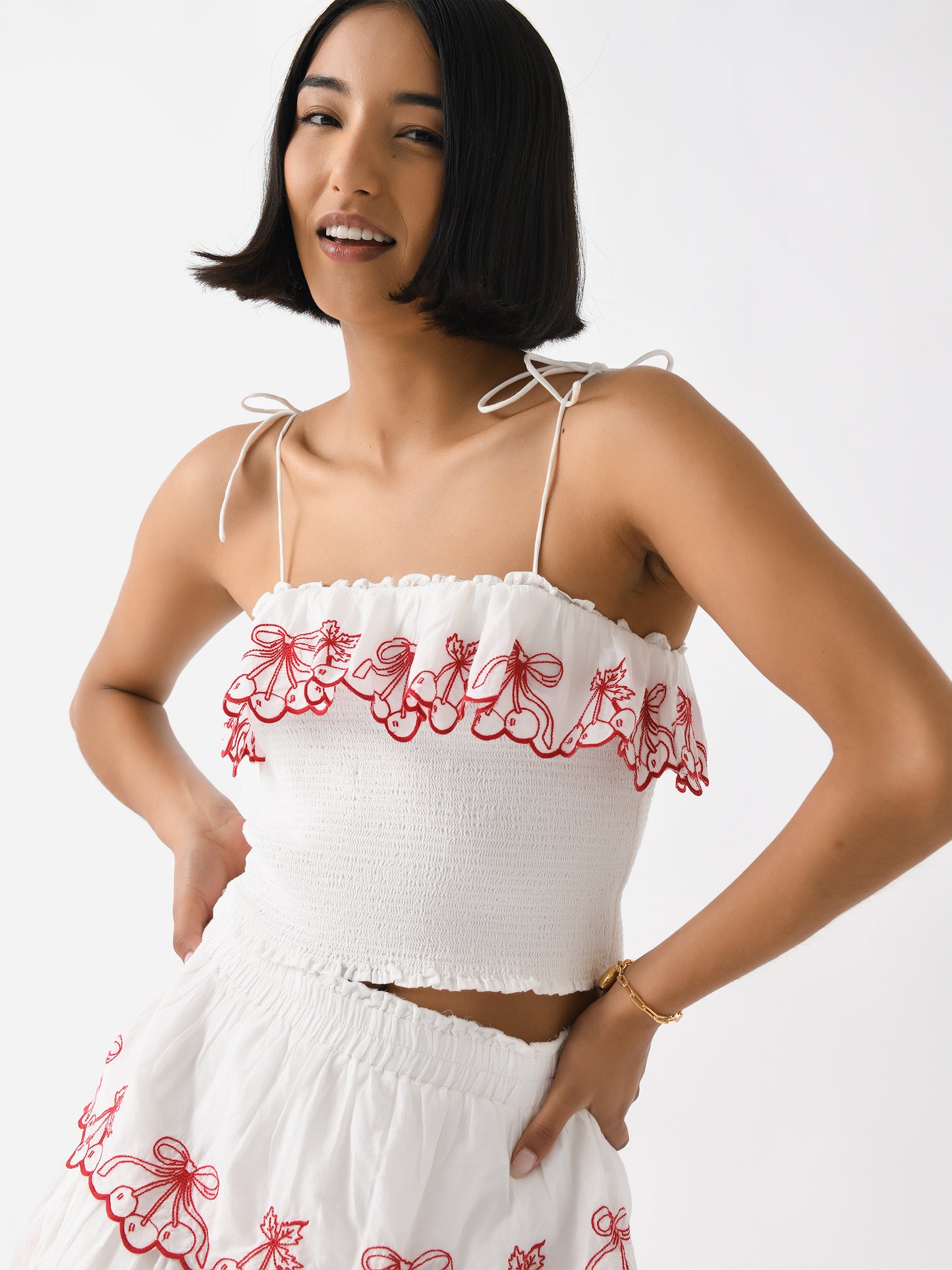 LoveShackFancy Women's Carletta Cherry Embroidered Smocked Top - Saint Bernard