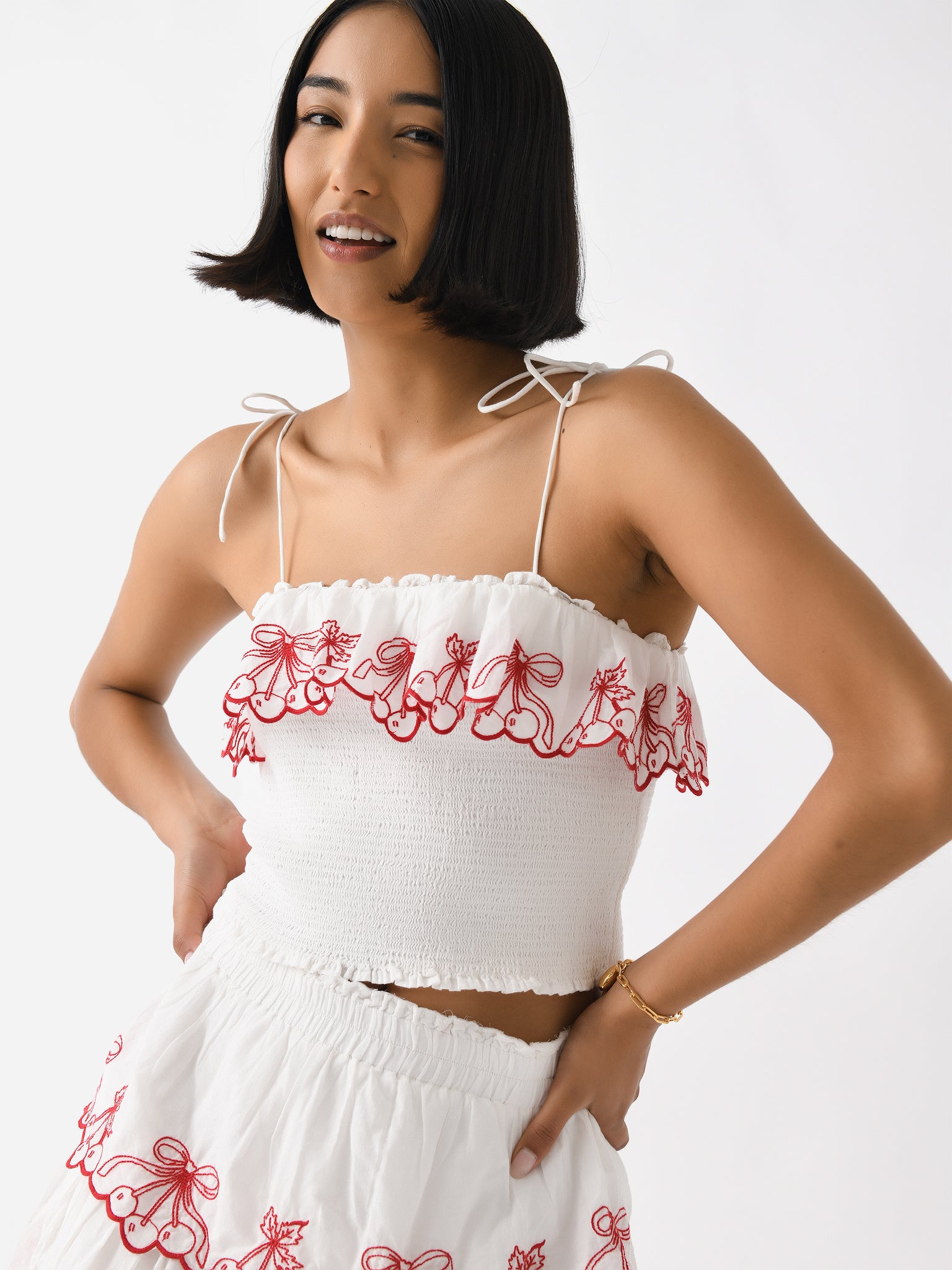 LoveShackFancy Women's Carletta Cherry Embroidered Smocked Top - Saint Bernard