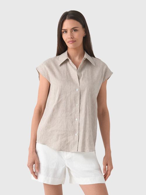Vince Women's Ticking Stripe Linen-Cotton Cap-Sleeve Blouse
