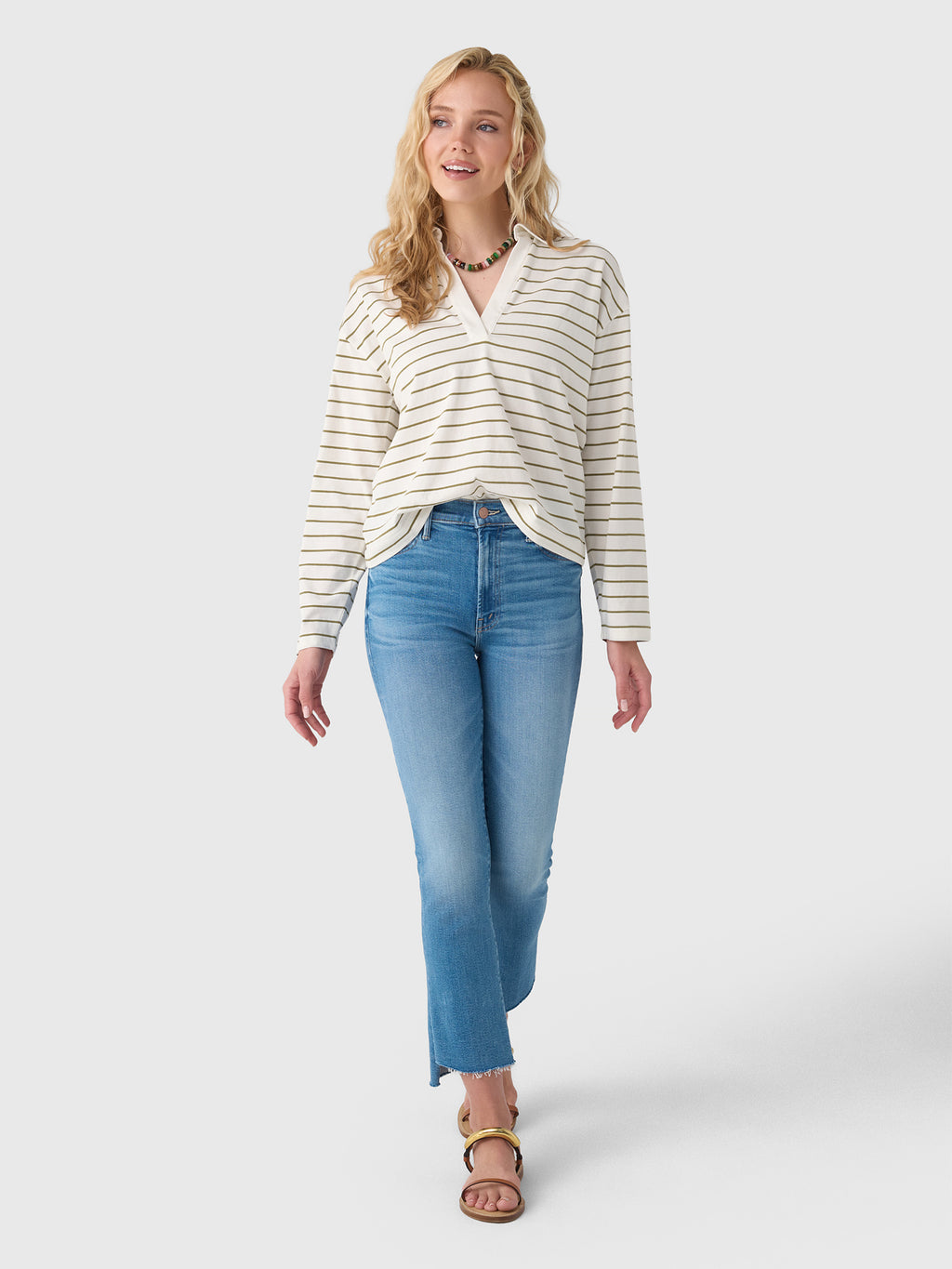 Vince Women's Striped Cotton Long-Sleeve Polo Shirt - Saint Bernard