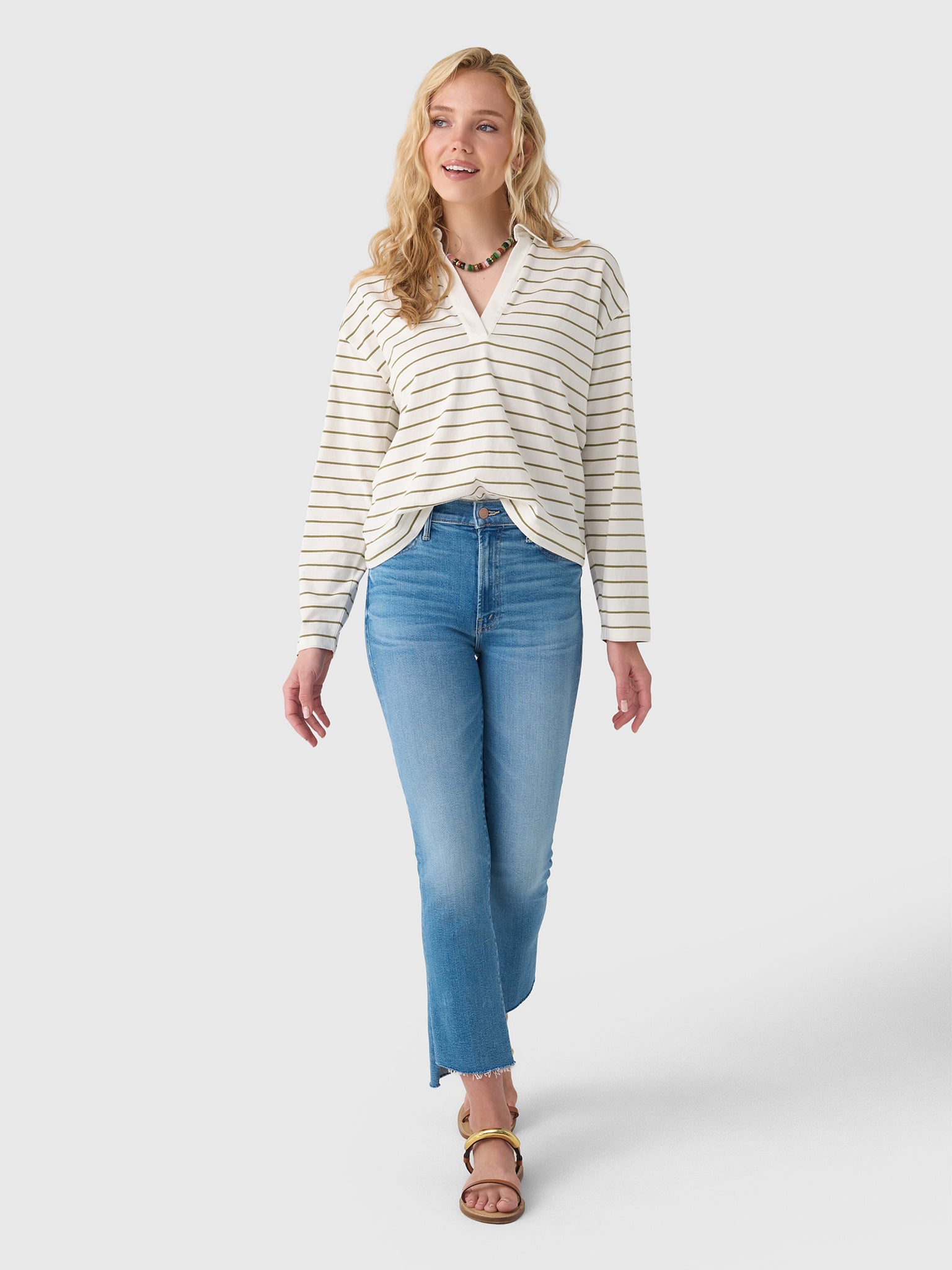 Vince Women's Striped Cotton Long-Sleeve Polo Shirt - Saint Bernard