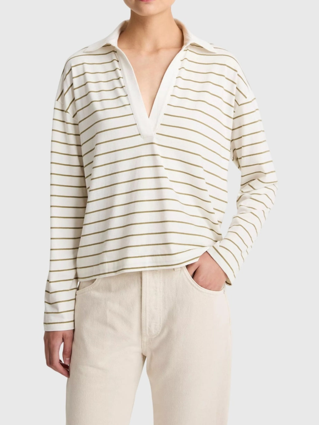 Vince Women's Striped Cotton Long-Sleeve Polo Shirt - Saint Bernard