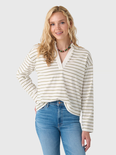 Vince Women's Striped Cotton Long-Sleeve Polo Shirt - Saint Bernard