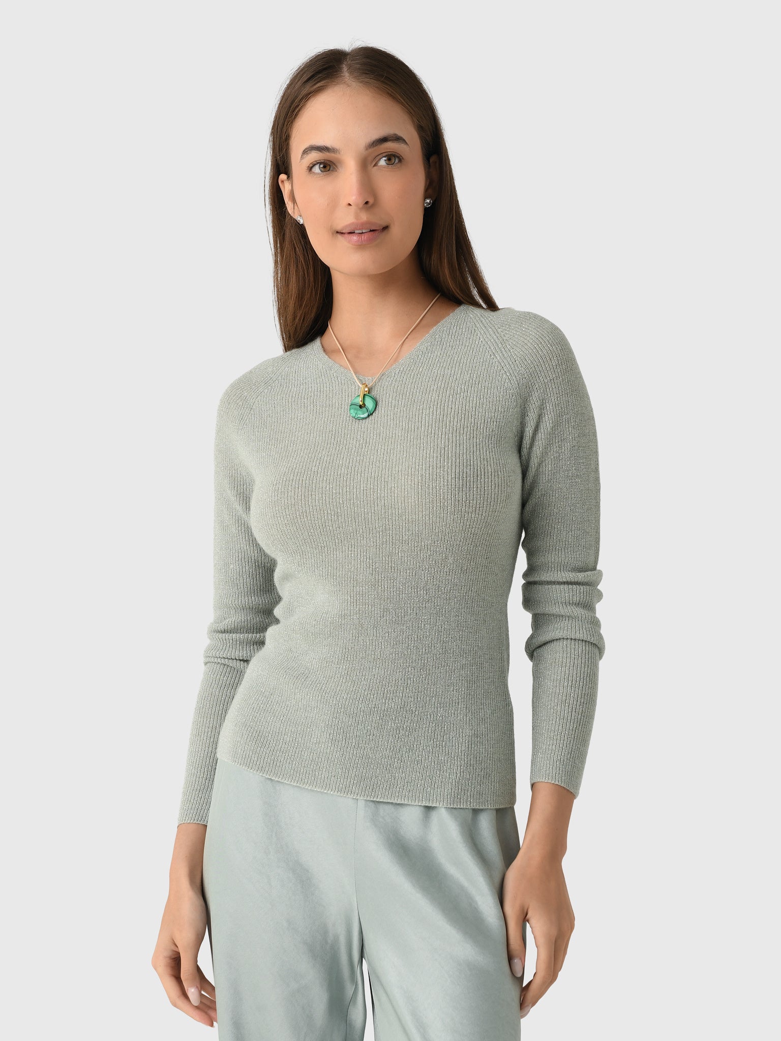 Vince Women's Metallic Ribbed High V-Neck Sweater - Saint Bernard