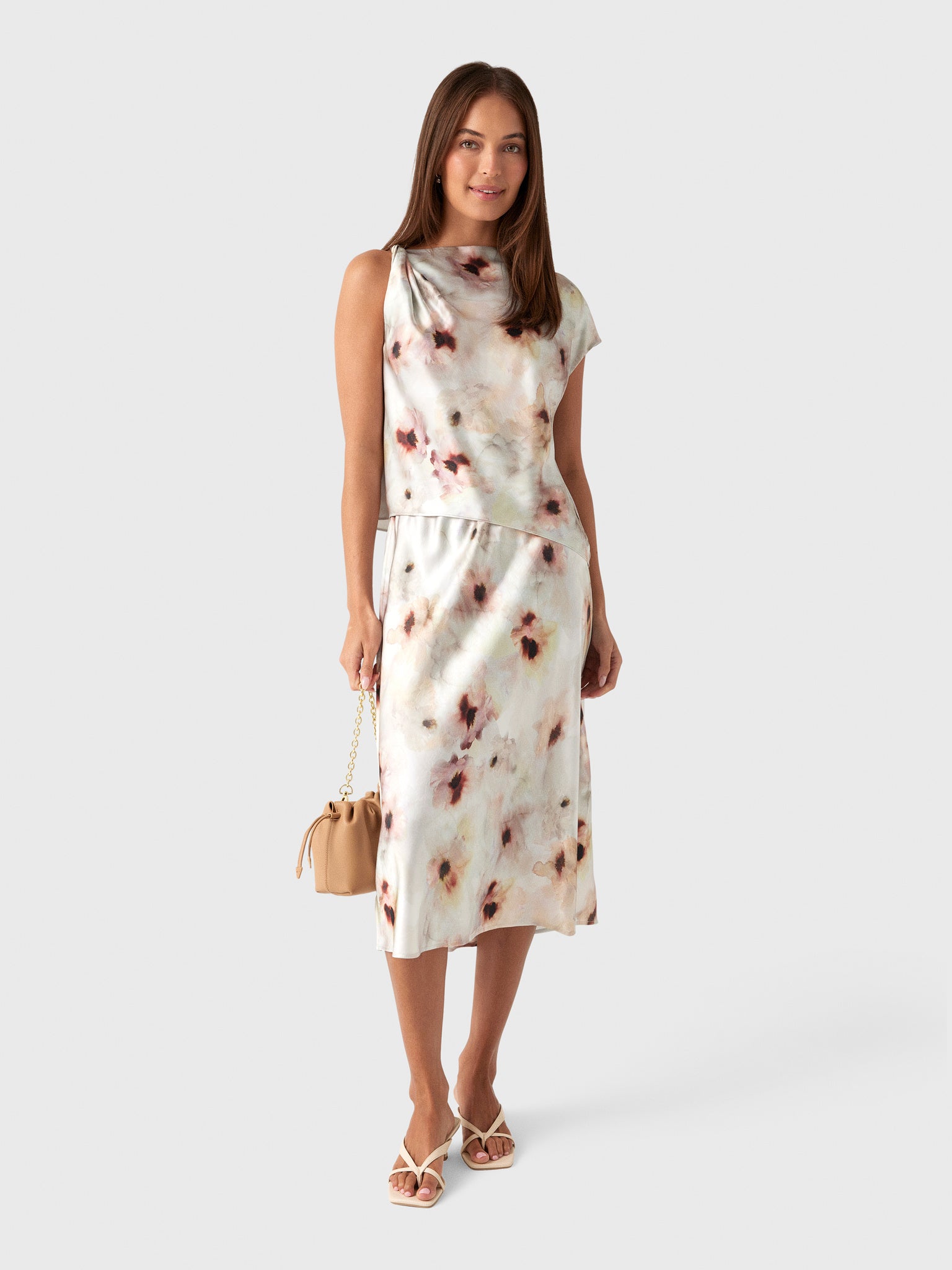 Vince Women's Watercolor Floral Satin Twist-Shoulder Top - Saint Bernard