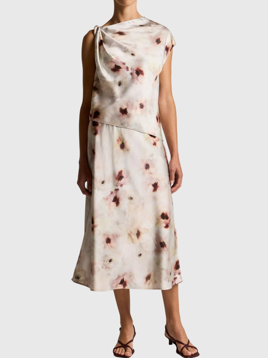 Vince Women's Watercolor Floral Satin Twist-Shoulder Top - Saint Bernard