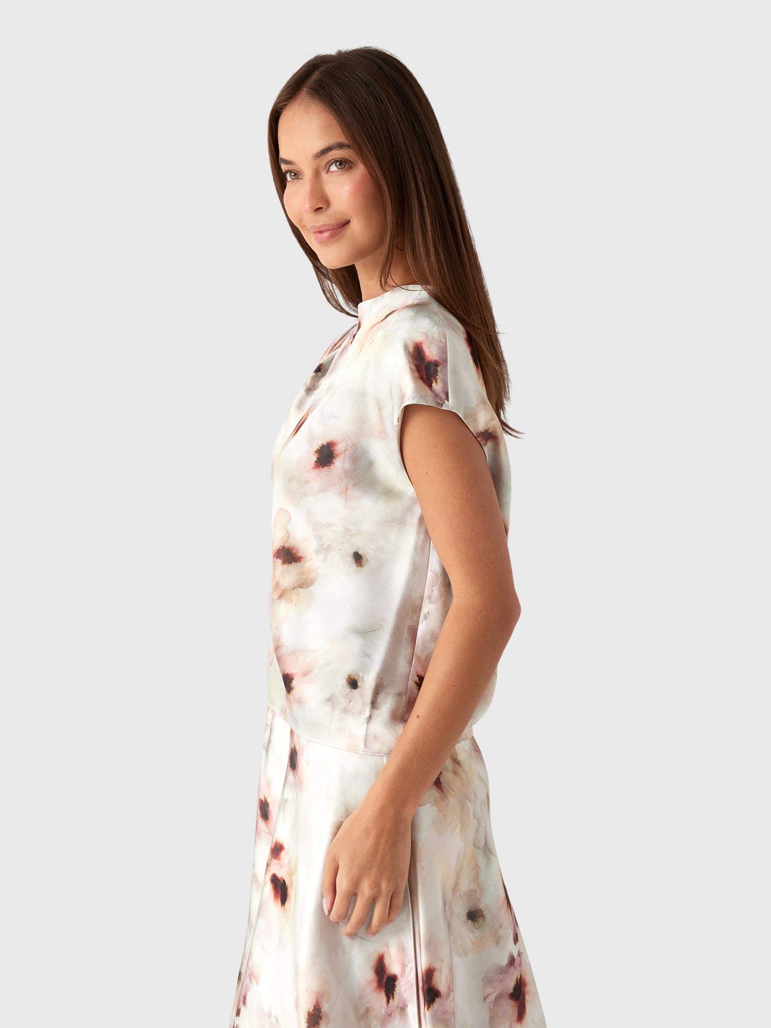 Vince Women's Watercolor Floral Satin Twist-Shoulder Top - Saint Bernard