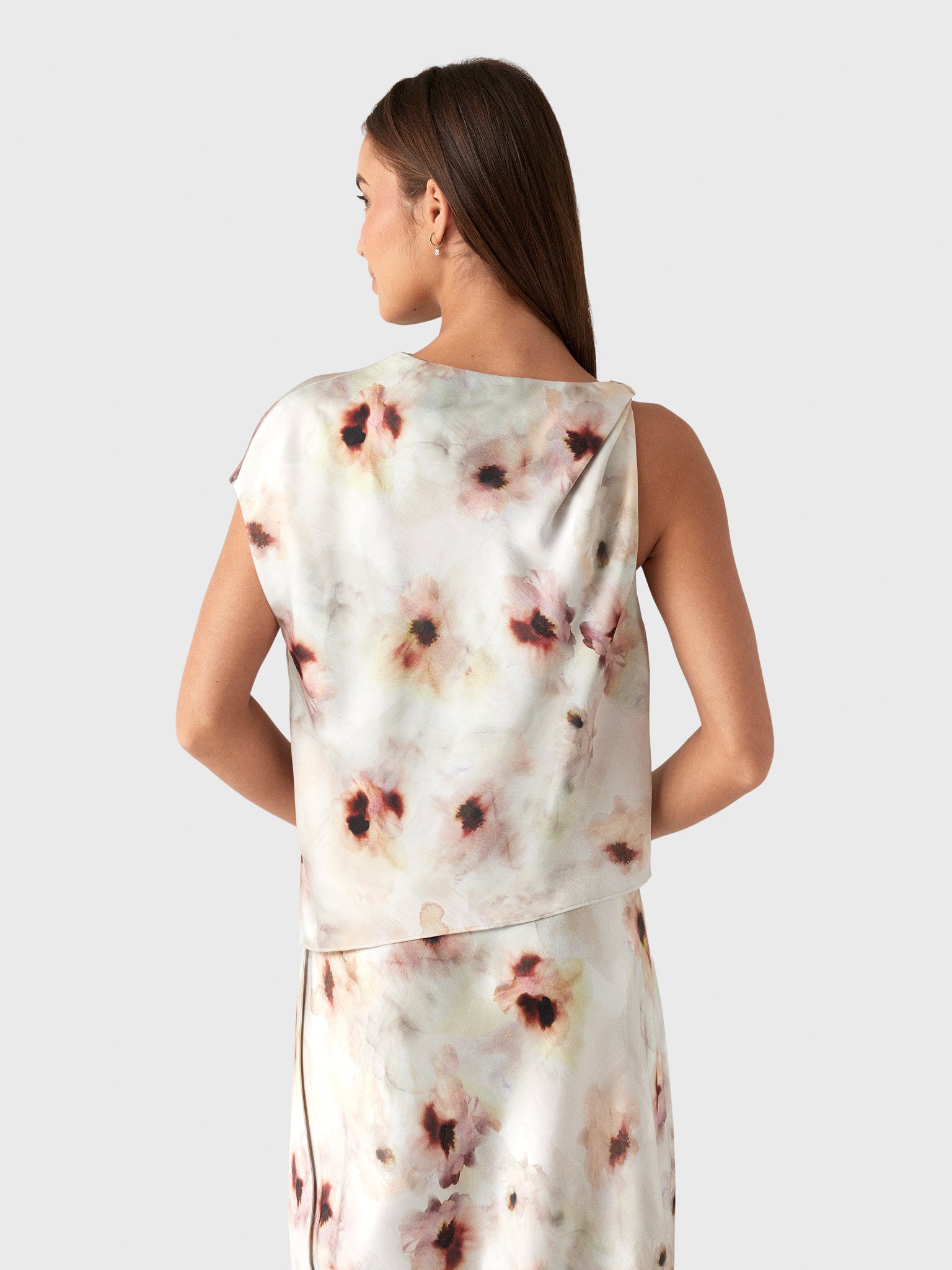Vince Women's Watercolor Floral Satin Twist-Shoulder Top - Saint Bernard