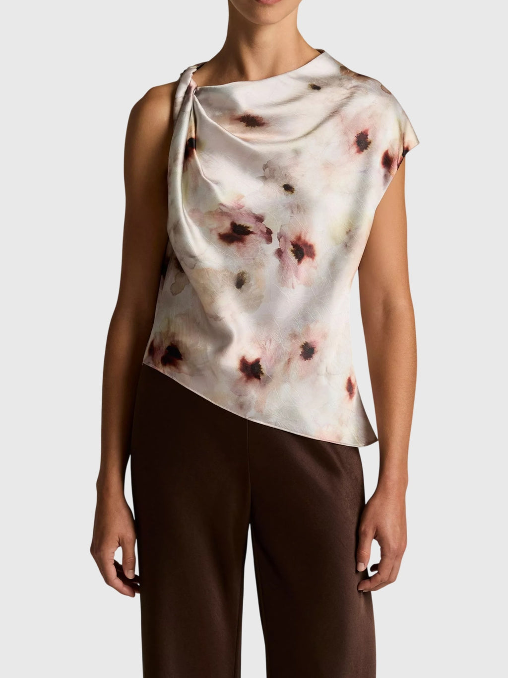Vince Women's Watercolor Floral Satin Twist-Shoulder Top - Saint Bernard