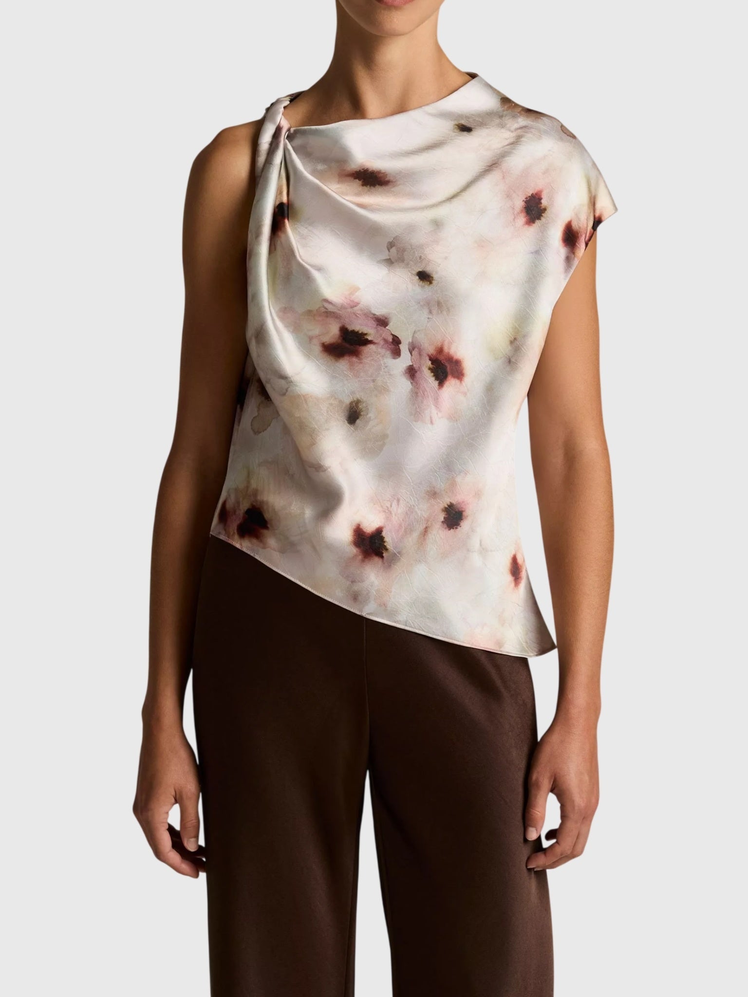 Vince Women's Watercolor Floral Satin Twist-Shoulder Top - Saint Bernard