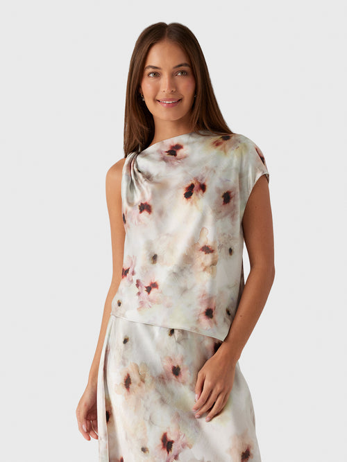 Vince Women's Watercolor Floral Satin Twist-Shoulder Top