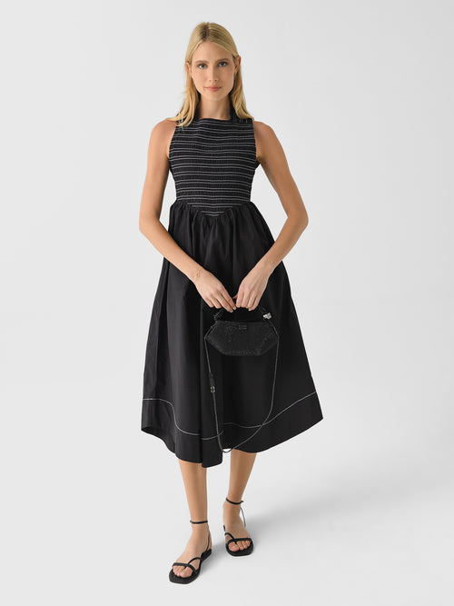 GANNI Women's Washed Stretch Cotton Smocked Midi Dress