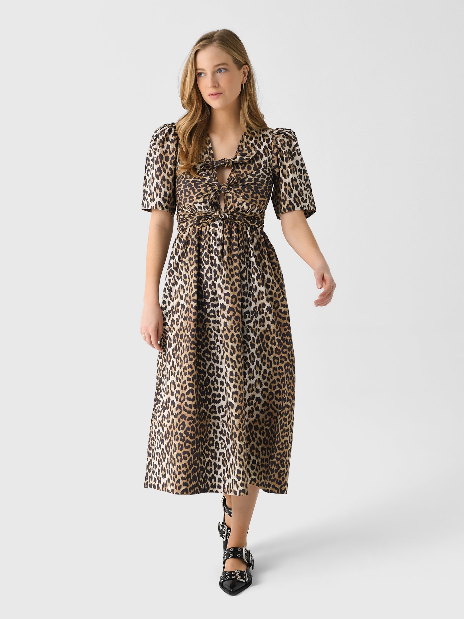 GANNI Women's Printed Cotton Tie Strap Midi Dress - Saint Bernard