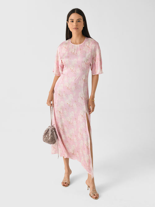 GANNI Primrose Pink Floral Stretch Satin Slit Dress - Size 2 Elastane GANNI Primrose Pink Floral Stretch Satin Slit Dress - Size 2 Elastane