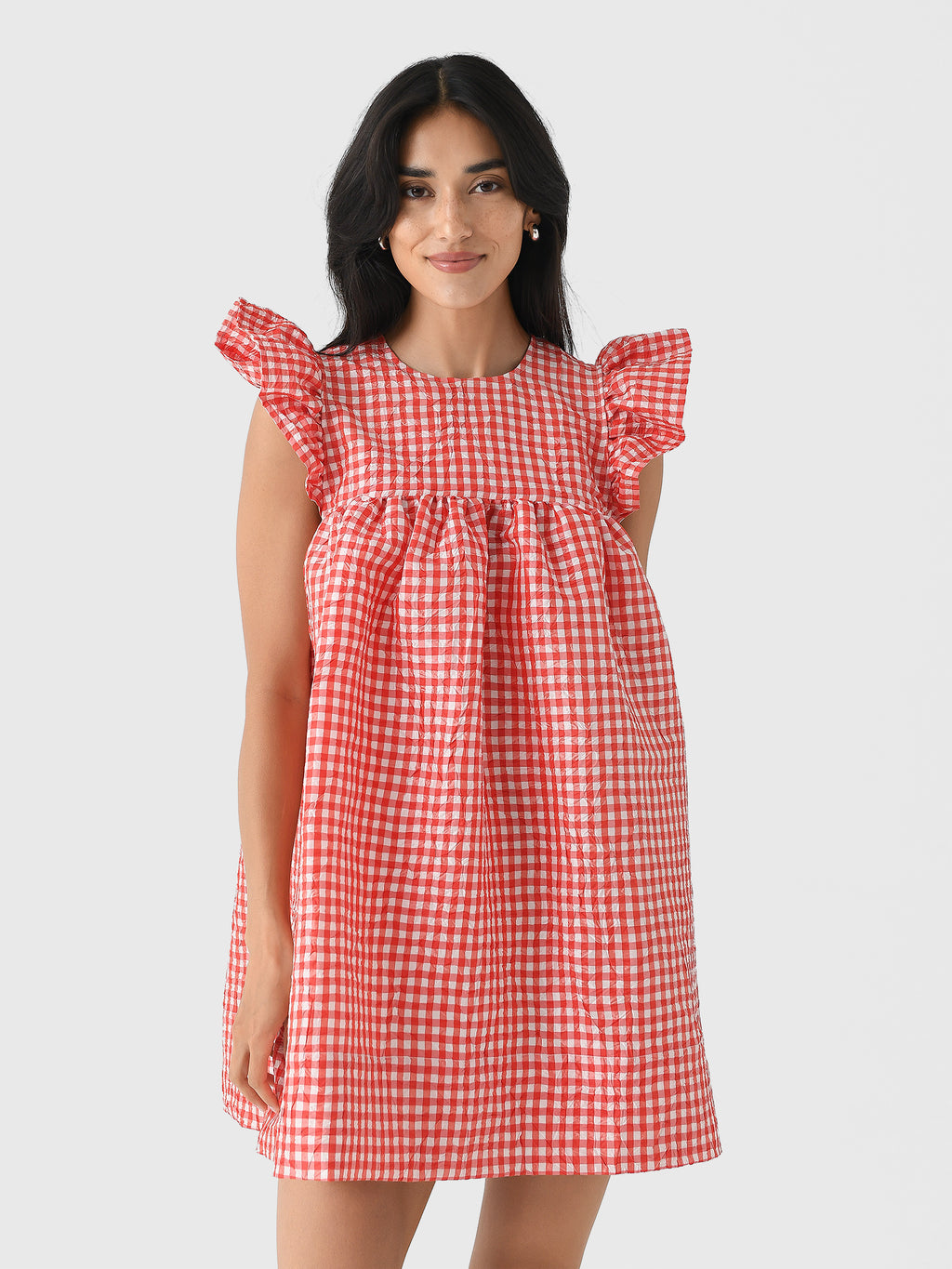 GANNI Women's Crinkled Taffeta Check Frill Mini Dress - Saint Bernard
