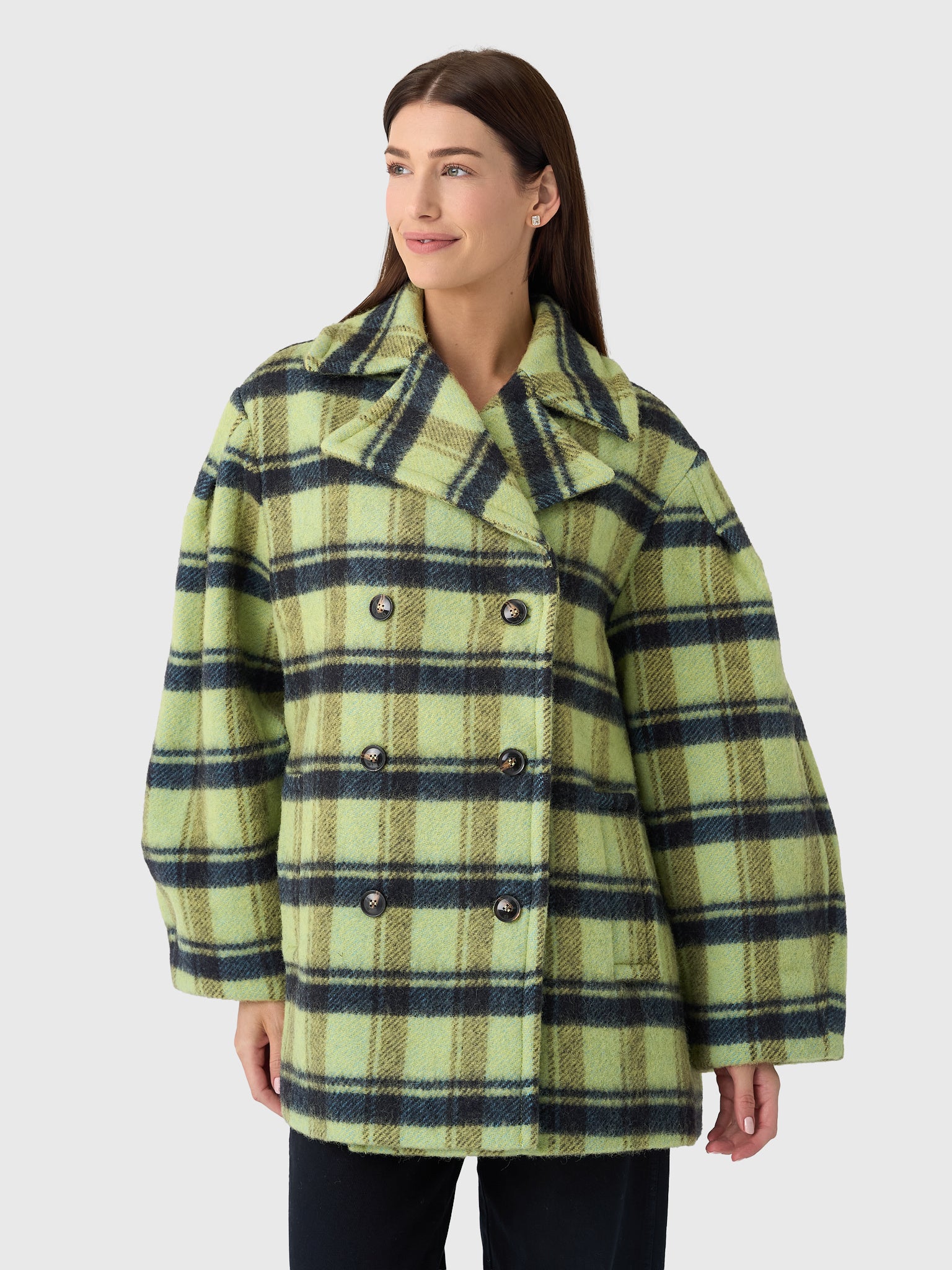 GANNI Women's Check Oversized Brushed Wool Midi Coat - Saint Bernard