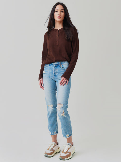 Re/Done Women's Henley Thermal Long Sleeve Tee