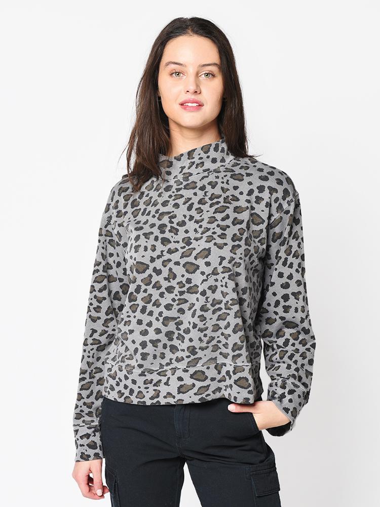 Sundry Women’s Leopard Print Funnelneck Sweatshirt - Saint Bernard