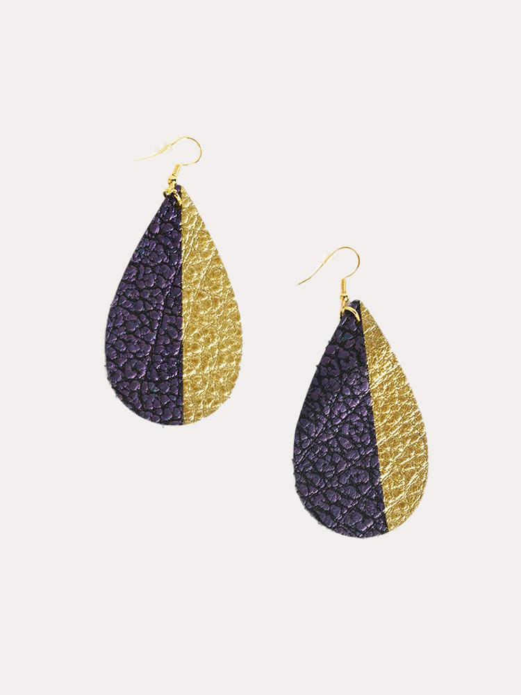 The Crowns Navy Leather And Gold Painted Medium Leaf Drop Earring - Saint Bernard
