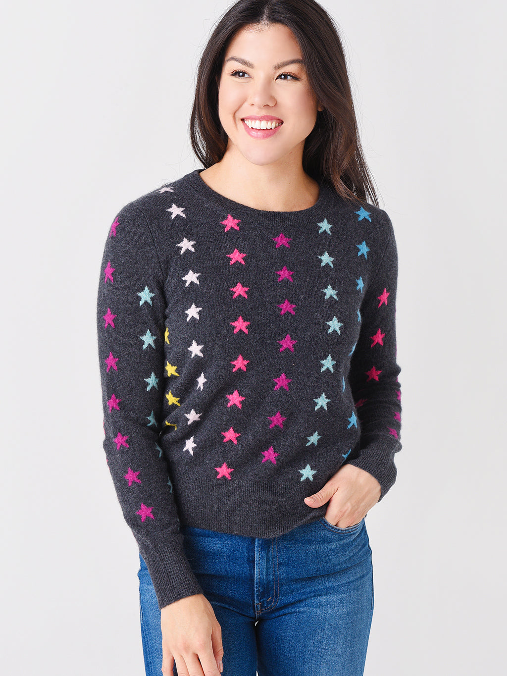 White + Warren Women's Cashmere Mini Star Intarsia Crewneck Sweater - Saint Bernard