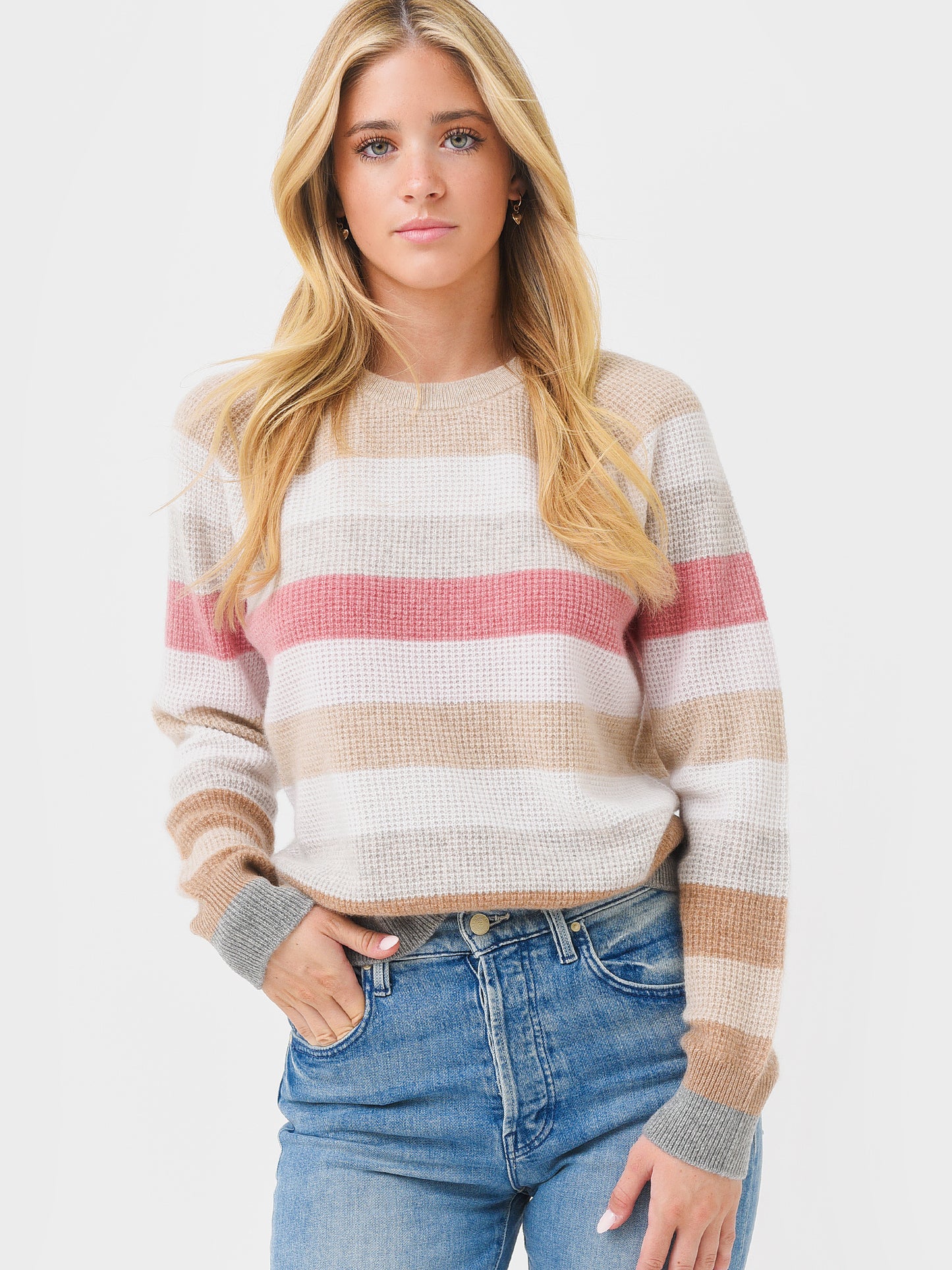 White + Warren Women's Cashmere Striped Waffle Sweater - Saint Bernard