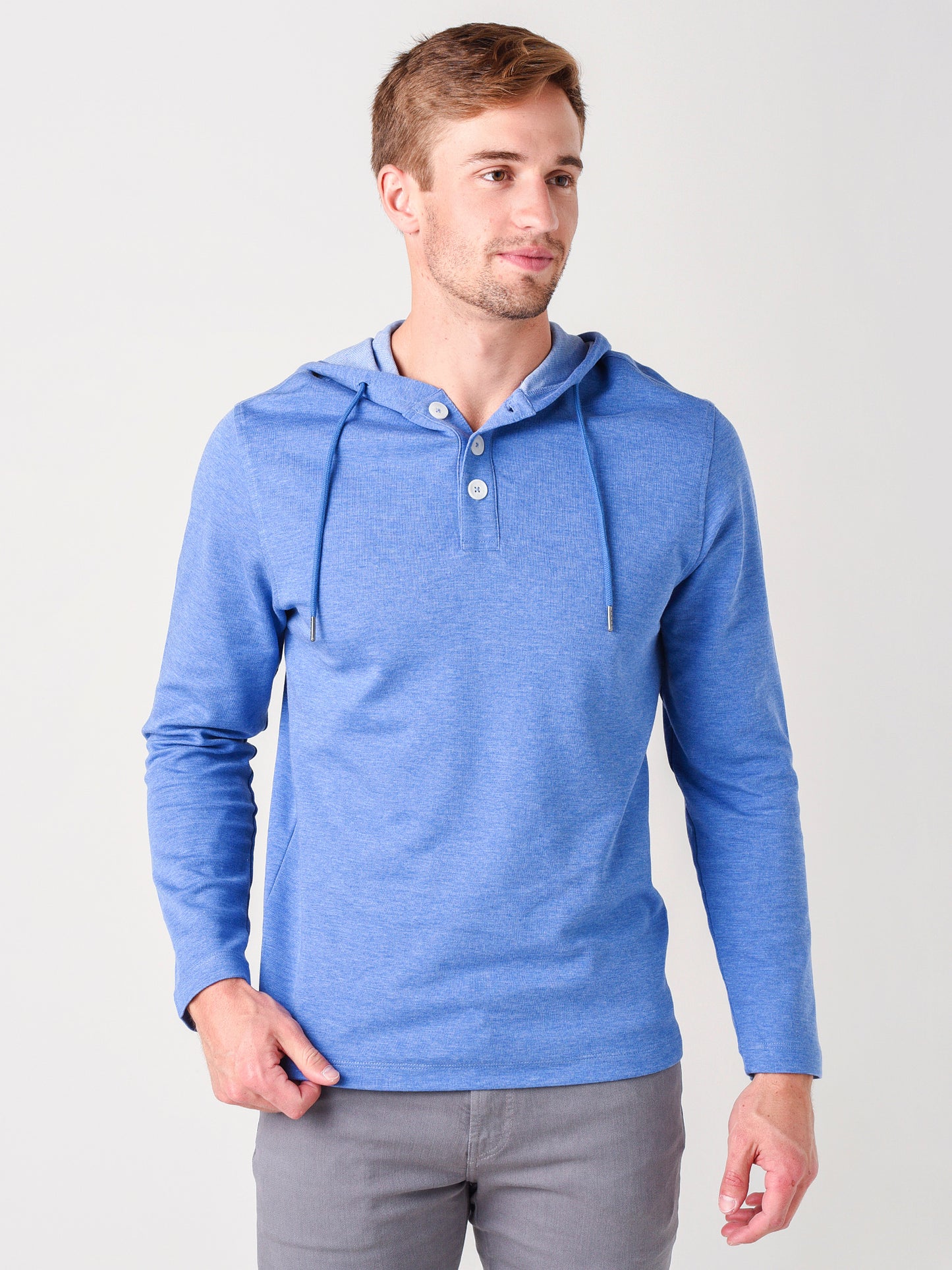 Mizzen+Main Men's Light Blue Heather Fairway Hooded Henley - Saint Bernard