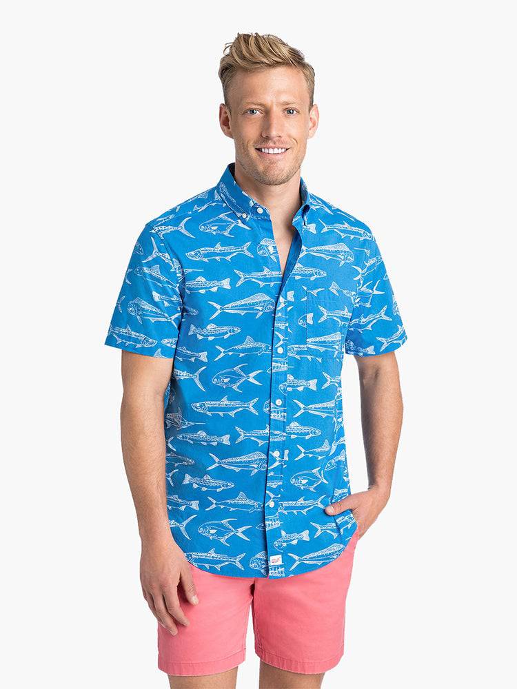 Vineyard Vines Fish Outlines Short Sleeve Classic Murray Shirt - Saint Bernard