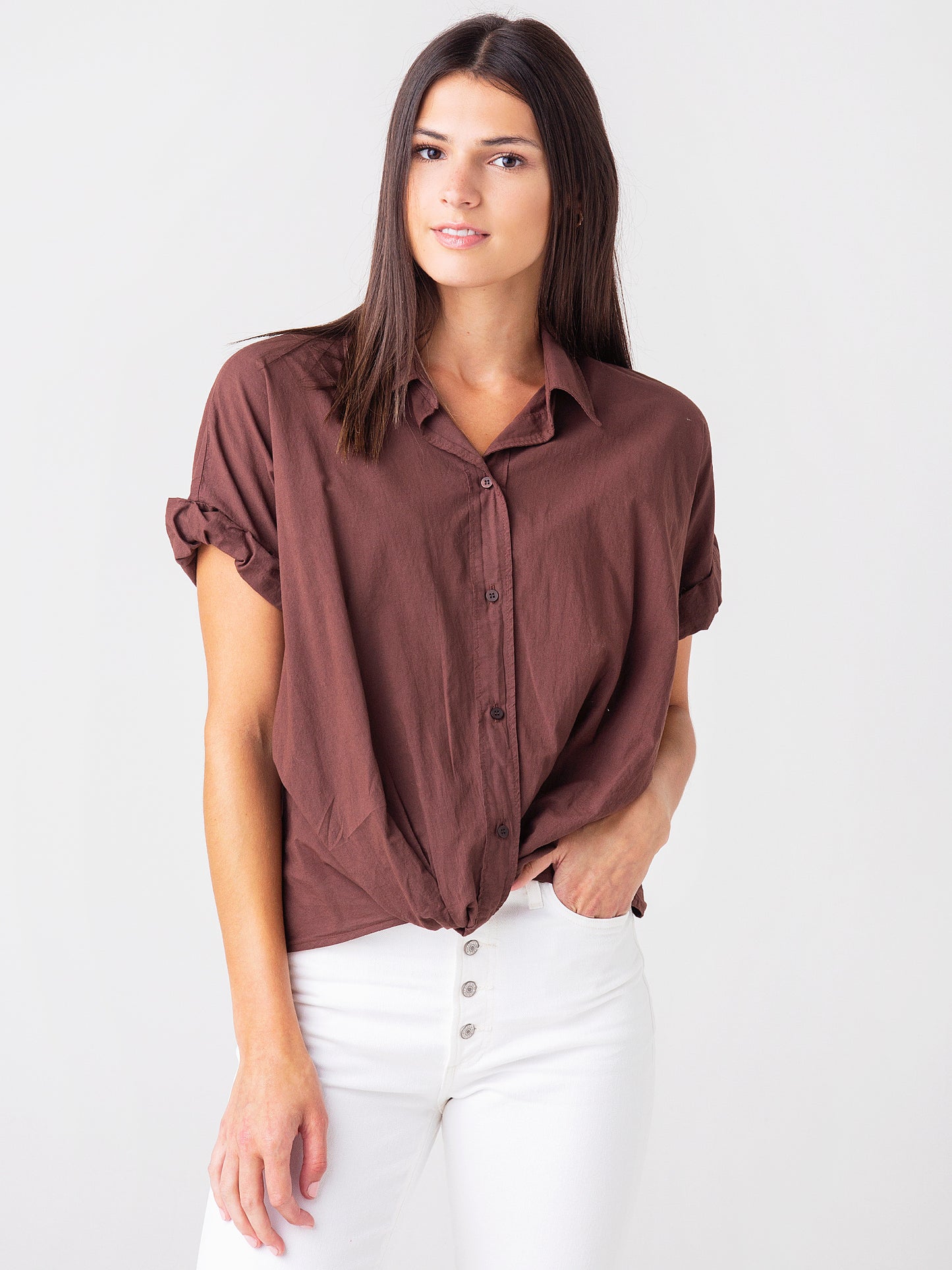Stateside Women's Poplin Short Sleeve Front Twist Shirt - Saint Bernard