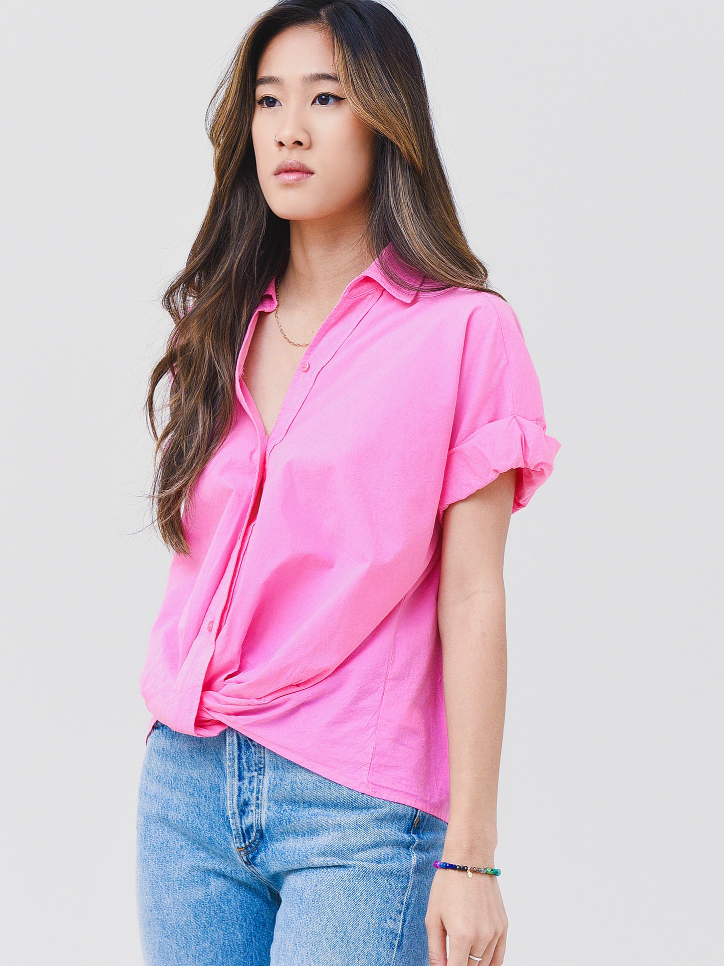 Stateside Women's Poplin Short Sleeve Front Twist Shirt - Saint Bernard