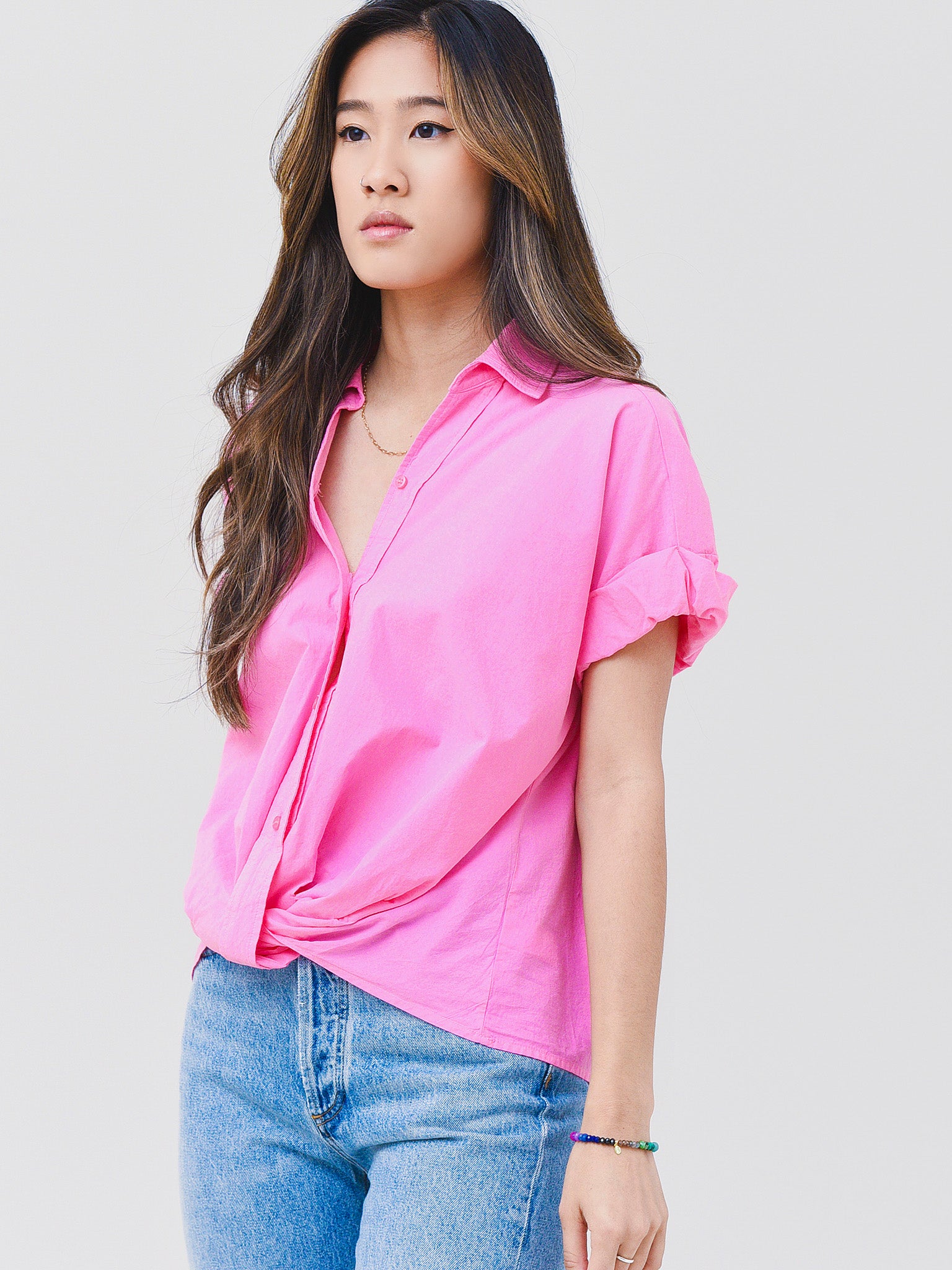 Stateside Women's Poplin Short Sleeve Front Twist Shirt - Saint Bernard