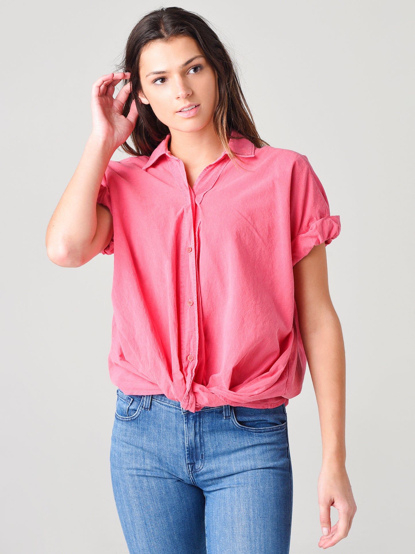 Stateside Women's Poplin Short Sleeve Front Twist Shirt