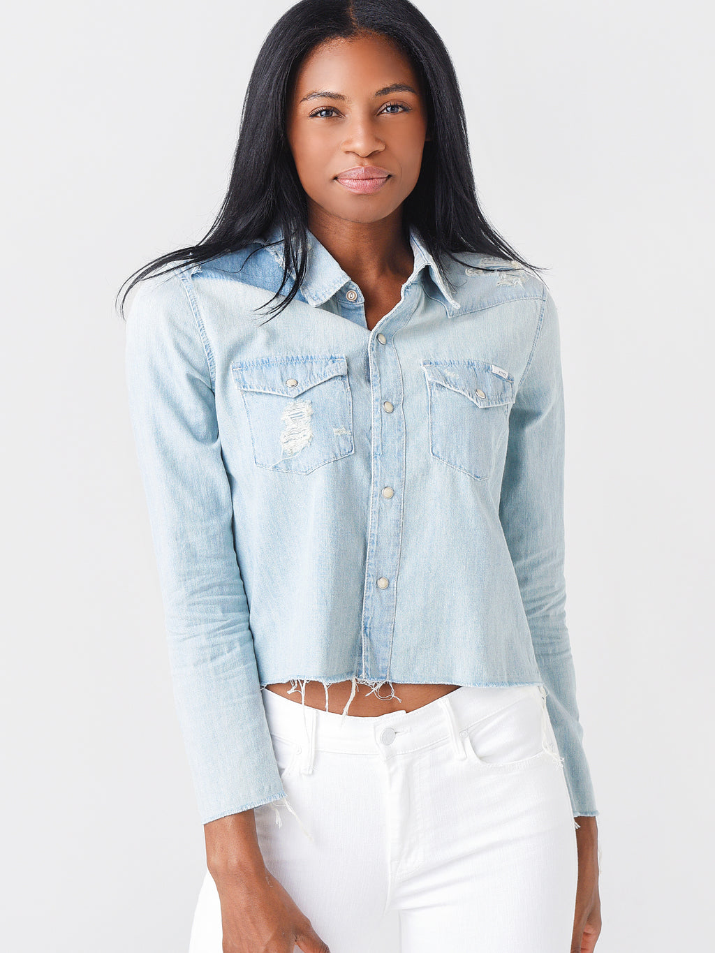 Mother Women's The Super Ex's Crop Fray Button-Up Shirt Jacket - Saint Bernard