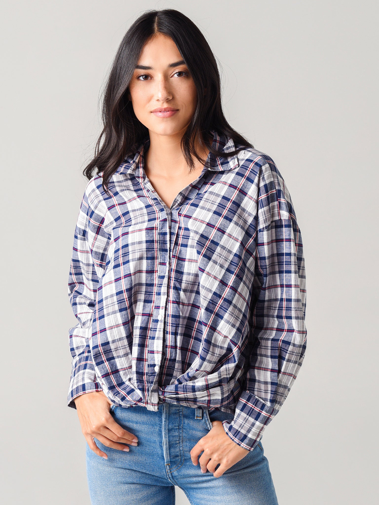 Stateside Women's Poplin Stripe Long Sleeve Front Twist Shirt - Saint Bernard