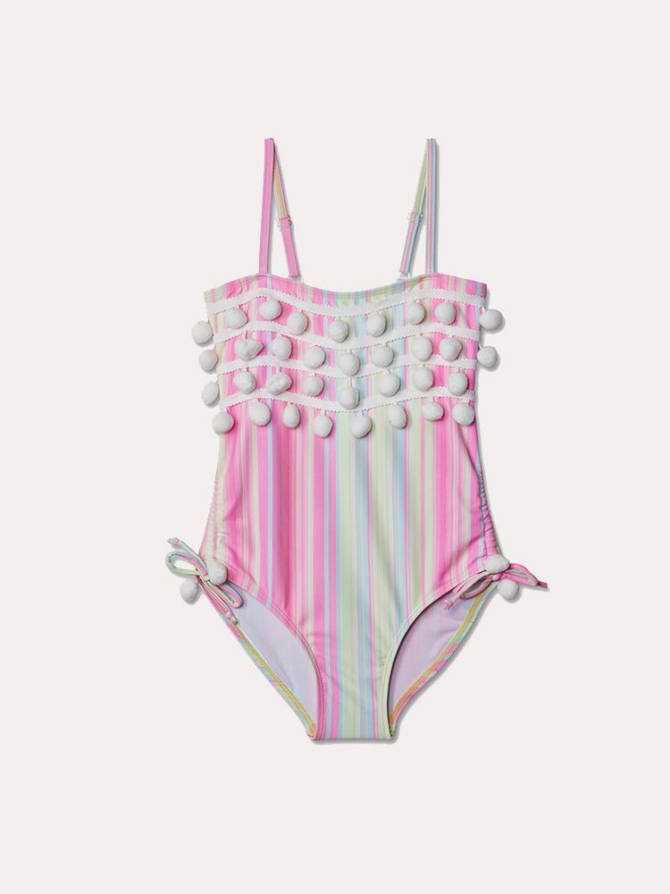Stella Cove Girls' Striped Swimsuit With Pom Poms - Saint Bernard