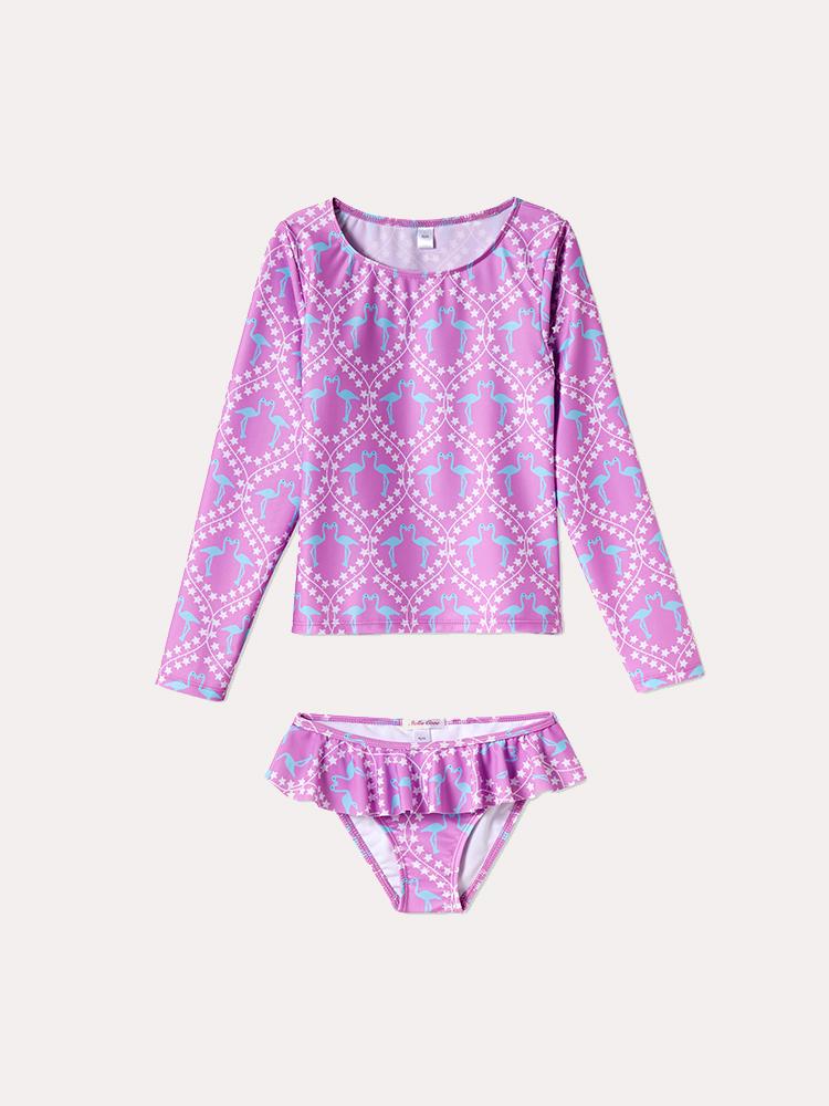 Stella Cove Girls' Blue Flamingo And White Star Rash Guard Set - Saint Bernard