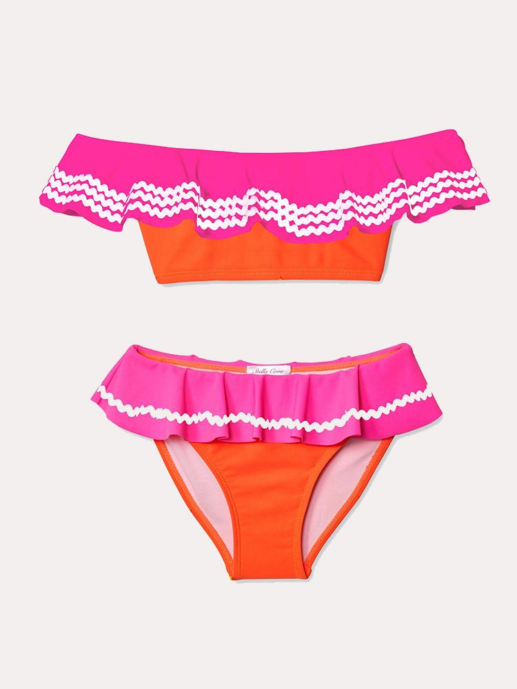 Stella Cove Girls' NeonOrange and Pink With White Rick Racl Bikini - Saint Bernard