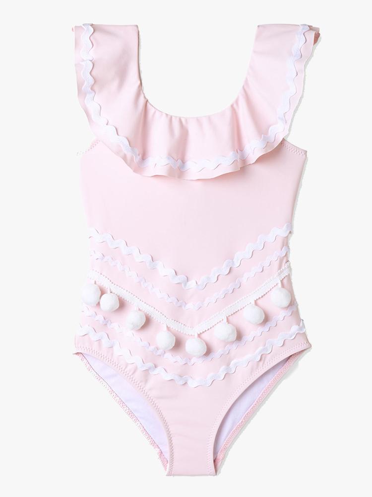Stella Cove Little Girls’ Ric Rac And Pom Poms Pink One Piece Swimsuit - Saint Bernard