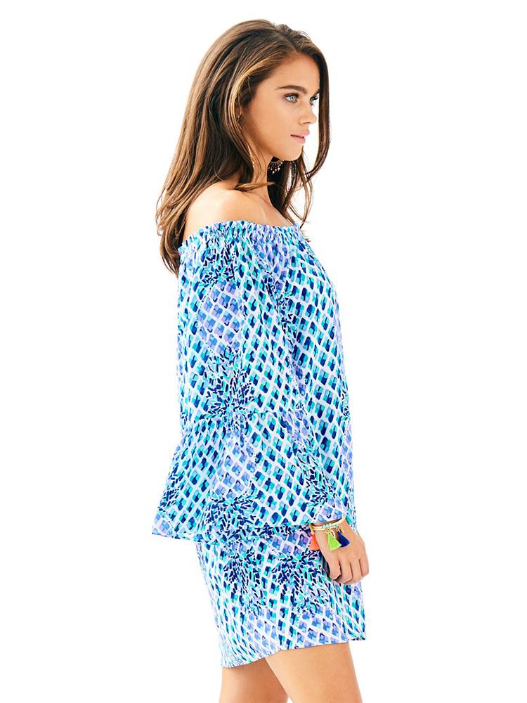 lilly pulitzer off shoulder dress My Style: Lilly Pulitzer Off-The-Shoulder Dress (on a cute cabin porch!) | Julie Leah