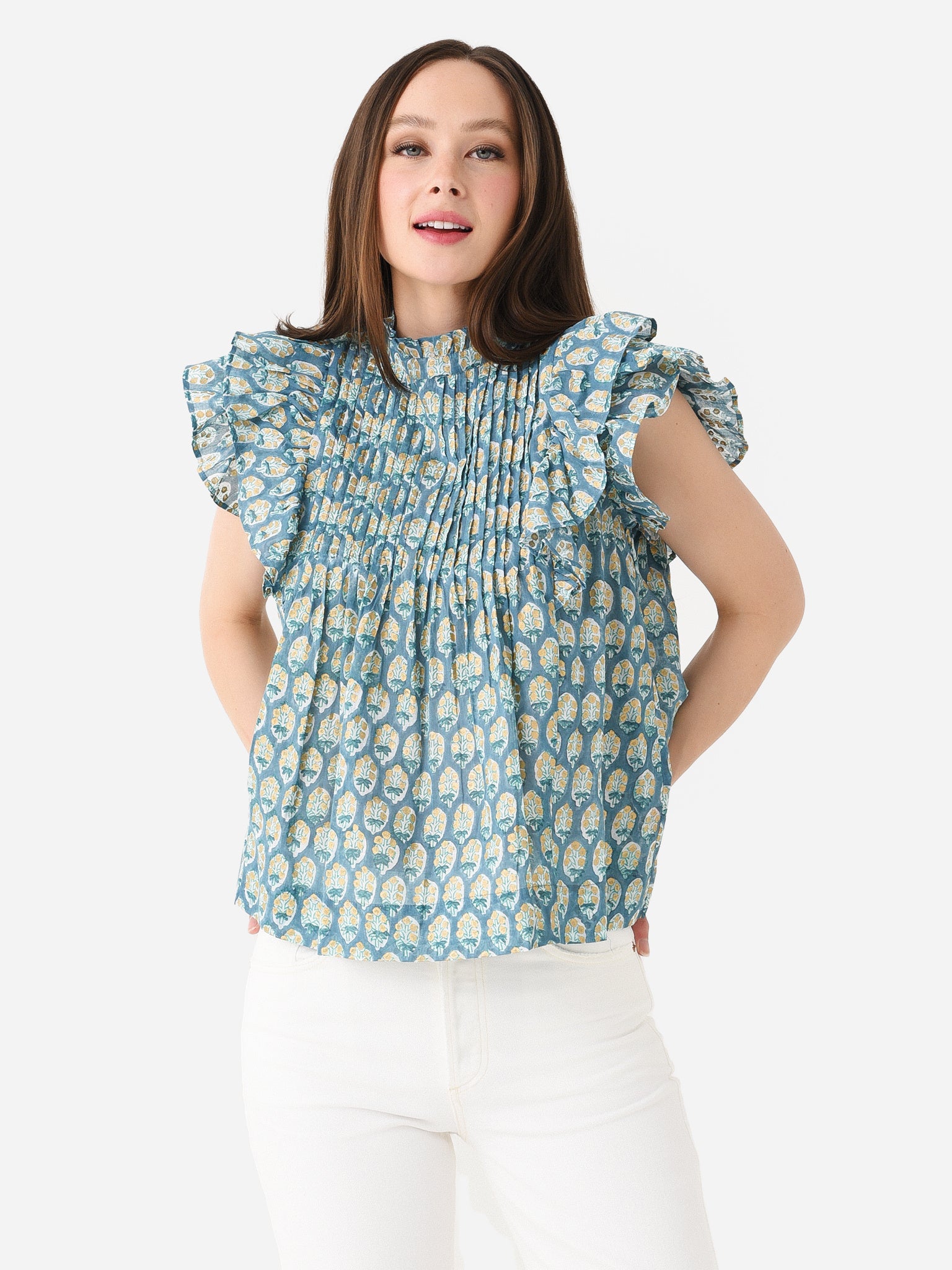 Oliphant Women's Pintuck Ruffle Top - Saint Bernard