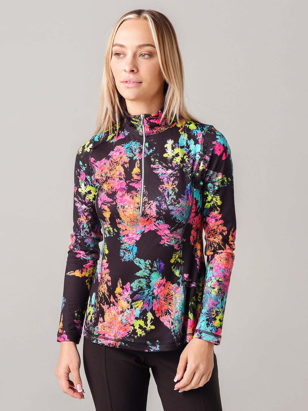 Sno Skins women's Micro Print Zip Neck Base Layer Top - Saint Bernard