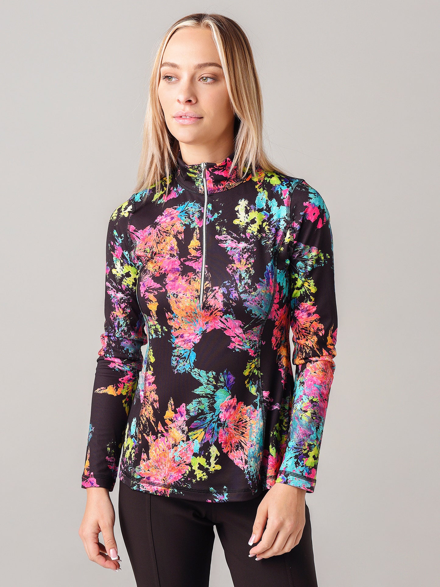 Sno Skins women's Micro Print Zip Neck Base Layer Top - Saint Bernard