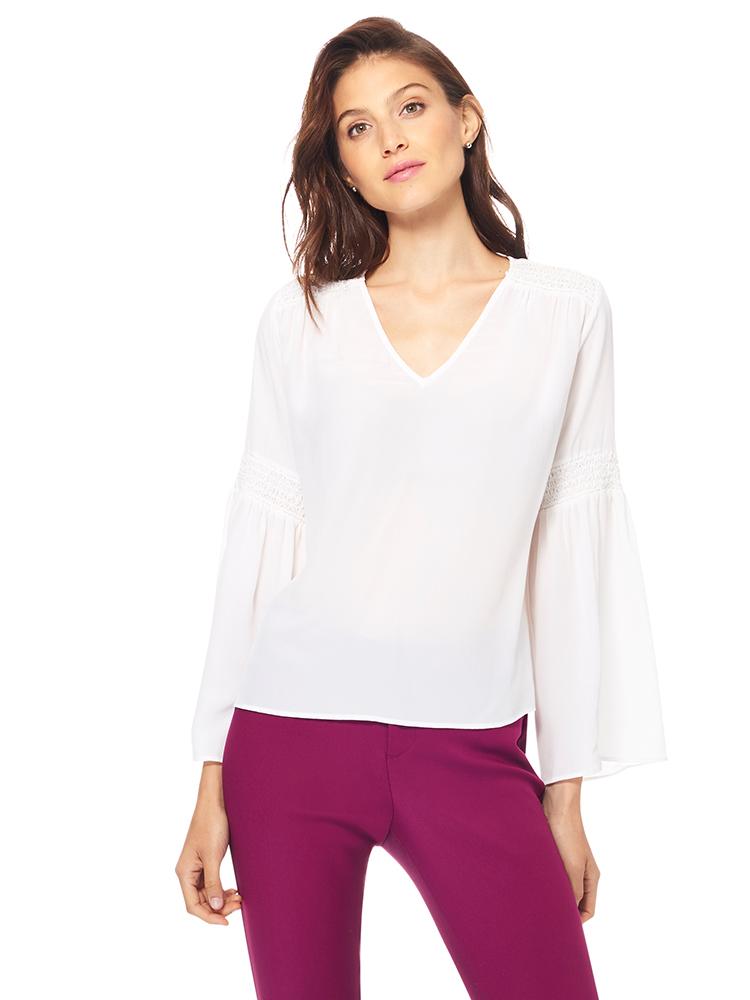Ecru V Neck Smock Top With Bell Sleeves - Saint Bernard