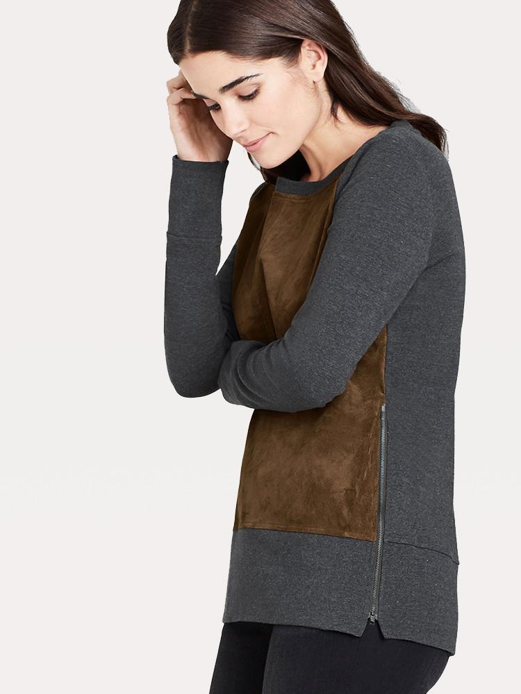 Ecru Suede and Sweater Knit Top with Zipper Detail