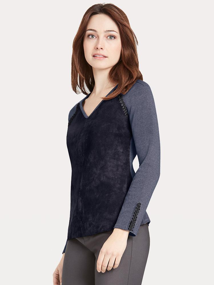 Ecru Suede and Sweater Knit V-Neck Top - Saint Bernard