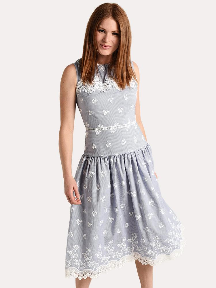 Monique Lhuillier Sleeveless Embroidered Poplin Midi Dress - Saint Bernard