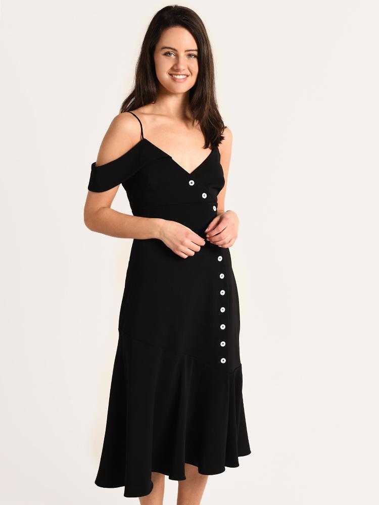 Monique Lhuillier Off Shoulder Crepe Dress With Button Detail - Saint Bernard